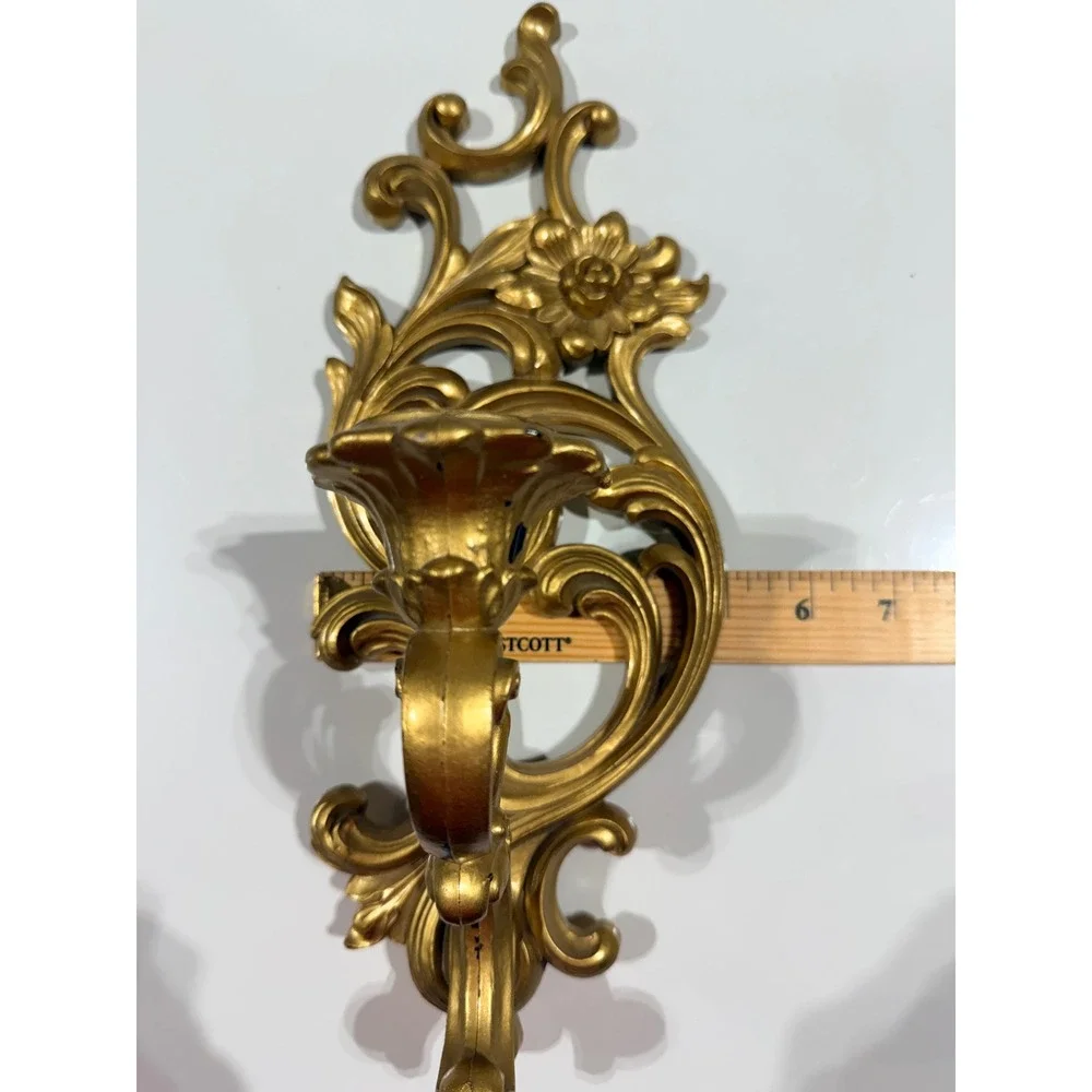 SYROCO VTG 1965 2 Gold Wall Candle Sconces 5183 Hollywood Regency Floral USA MCM